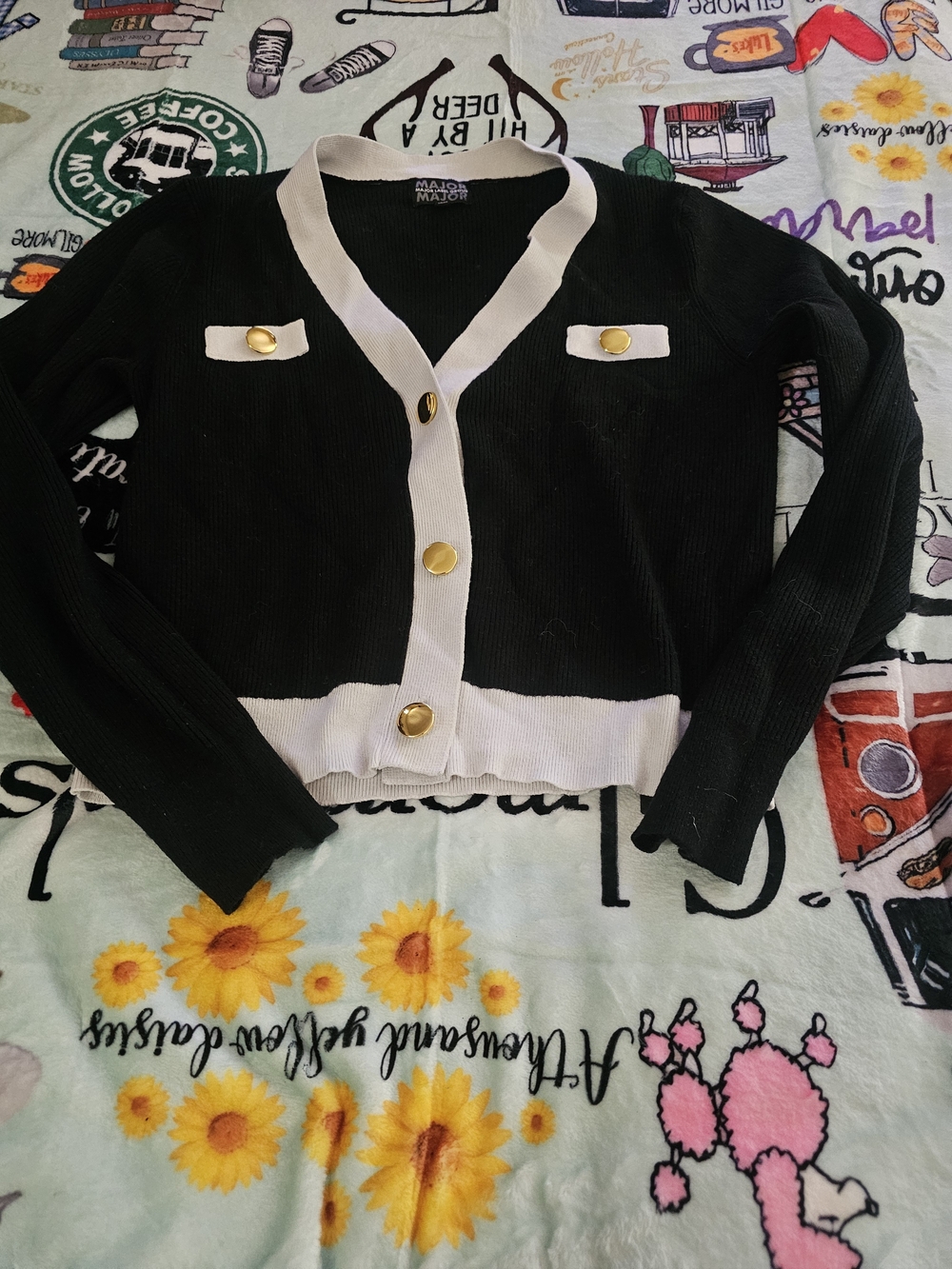 Contrast Trim Black Cardigan with Gold Buttons